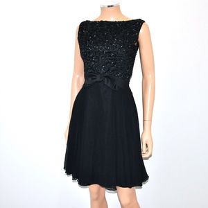 VTG EMMA DOMB Black Sequin Chiffon Bow Waist Party Dress - Sz S/XS